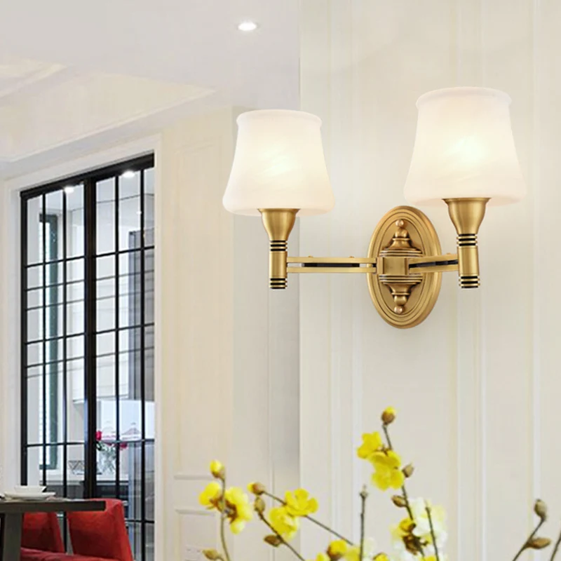 Messing afwerking 1/2-lamp wandlamp Vintage stijlvolle melkglas kegel schaduw wandkandelaar armatuur voor slaapkamer Clear...