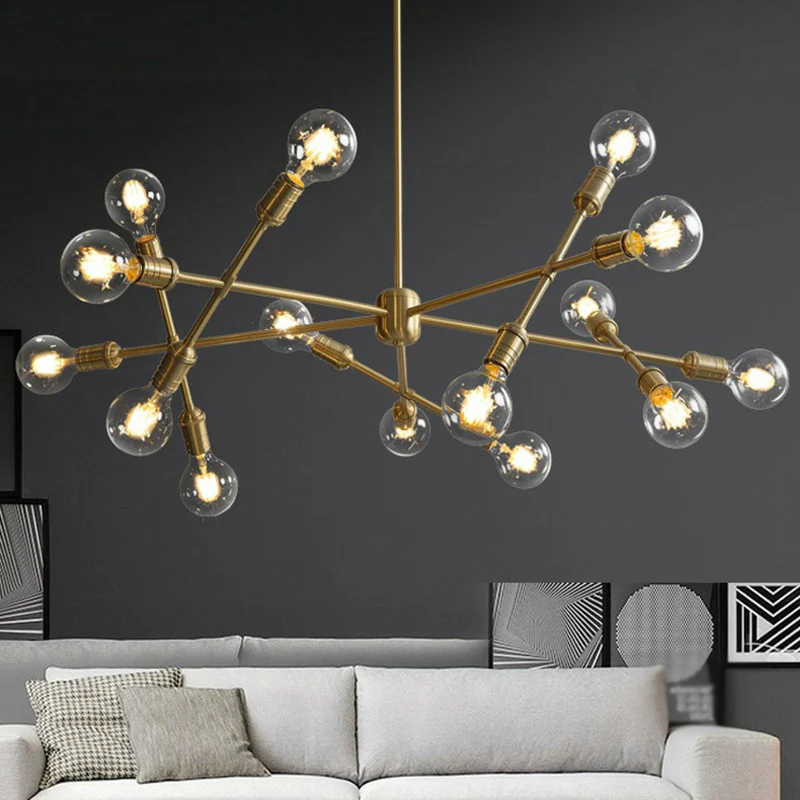 Messing afwerking gekruiste lijn hanger kroonluchter postmoderne metalen plafondlamp voor woonkamer Clearhalo