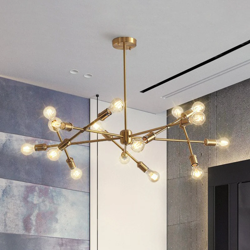 Messing afwerking gekruiste lijn hanger kroonluchter postmoderne metalen plafondlamp voor woonkamer Clearhalo