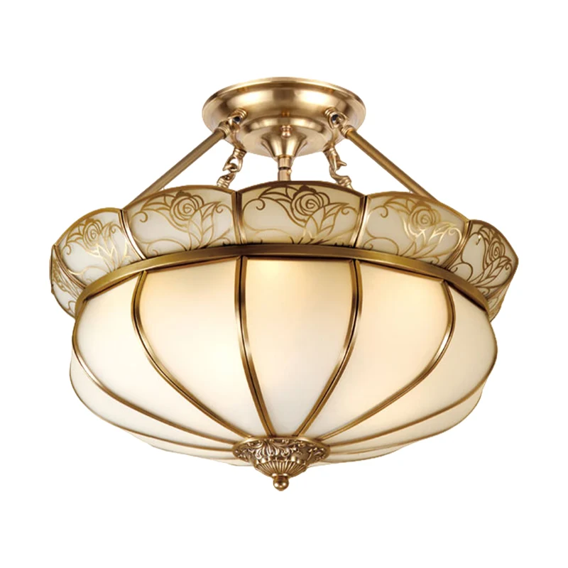 Messing bloem semi-inbouw verlichting kolonialisme melkachtig glas 5 lampen slaapkamer plafond inbouwmontage Clearhalo