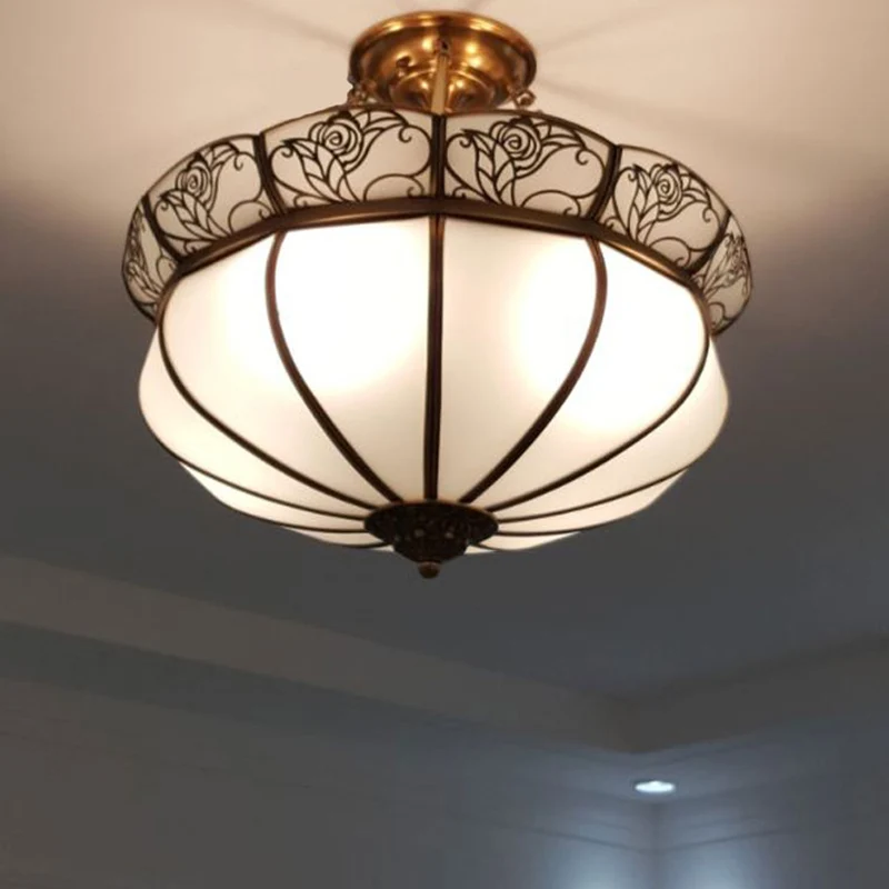 Messing bloem semi-inbouw verlichting kolonialisme melkachtig glas 5 lampen slaapkamer plafond inbouwmontage Clearhalo
