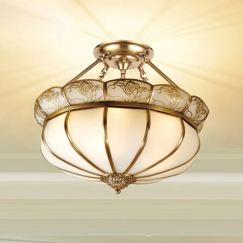 Messing bloem semi-inbouw verlichting kolonialisme melkachtig glas 5 lampen slaapkamer plafond inbouwmontage Clearhalo