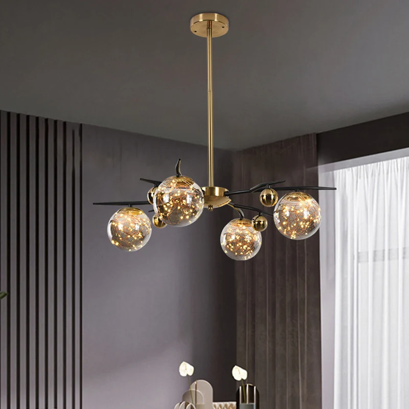 Messing bolkroonluchter met gloeiwormontwerp Eigentijds 4/6 lichts rookgrijs glazen radiale hanglamp Clearhalo
