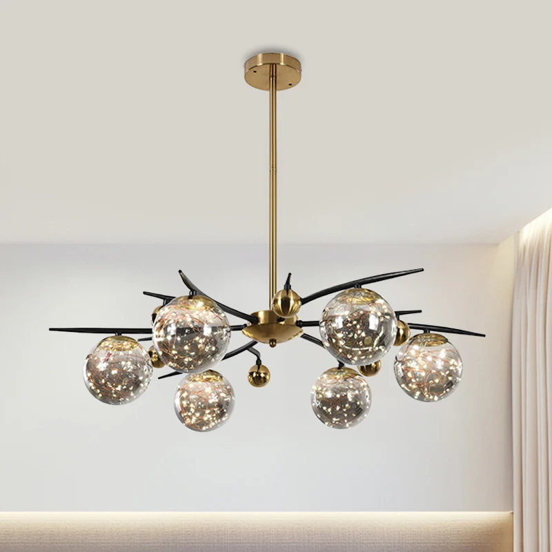 Messing bolkroonluchter met gloeiwormontwerp Eigentijds 4/6 lichts rookgrijs glazen radiale hanglamp Clearhalo