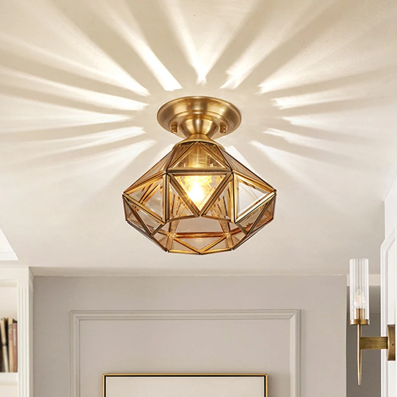 Messing diamantvormig inbouwlicht Vintage amberglas 1 kop Foyer Semi-inbouw plafondlamp Clearhalo