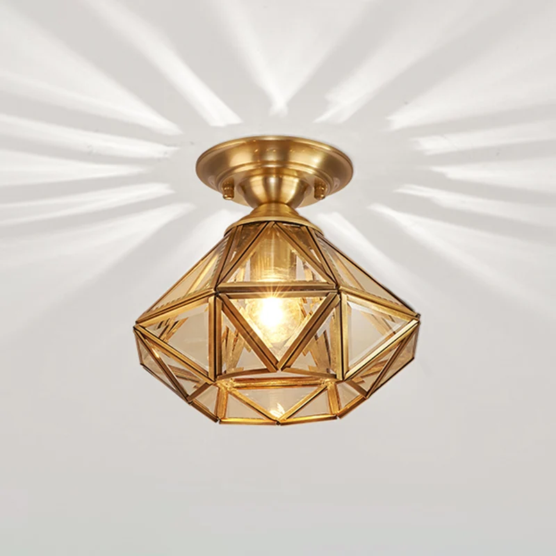 Messing diamantvormig inbouwlicht Vintage amberglas 1 kop Foyer Semi-inbouw plafondlamp Clearhalo