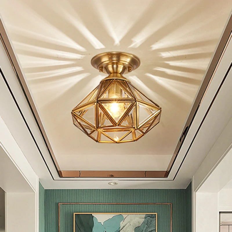 Messing diamantvormig inbouwlicht Vintage amberglas 1 kop Foyer Semi-inbouw plafondlamp Clearhalo