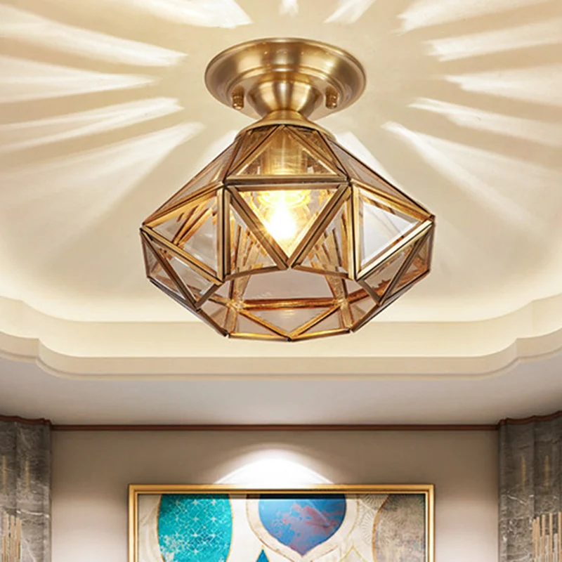 Messing diamantvormig inbouwlicht Vintage amberglas 1 kop Foyer Semi-inbouw plafondlamp Clearhalo