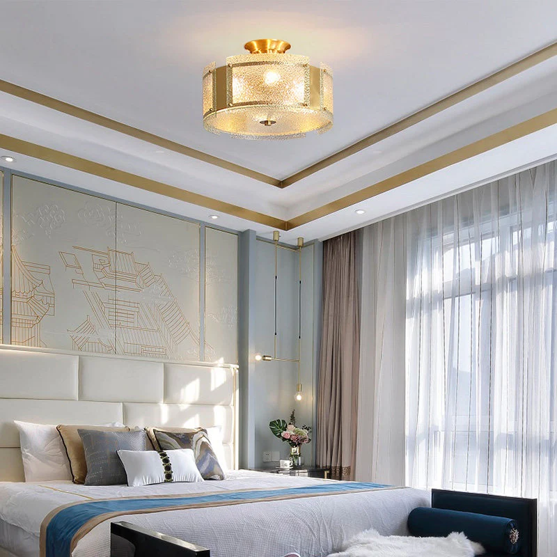 Messing Drum Semi Inbouwlamp Traditioneel Getextureerd Glas 4 Hoofden Plafondgemonteerd Licht voor Woonkamer Clearhalo