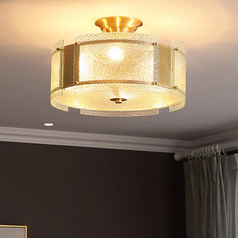 Messing Drum Semi Inbouwlamp Traditioneel Getextureerd Glas 4 Hoofden Plafondgemonteerd Licht voor Woonkamer Clearhalo