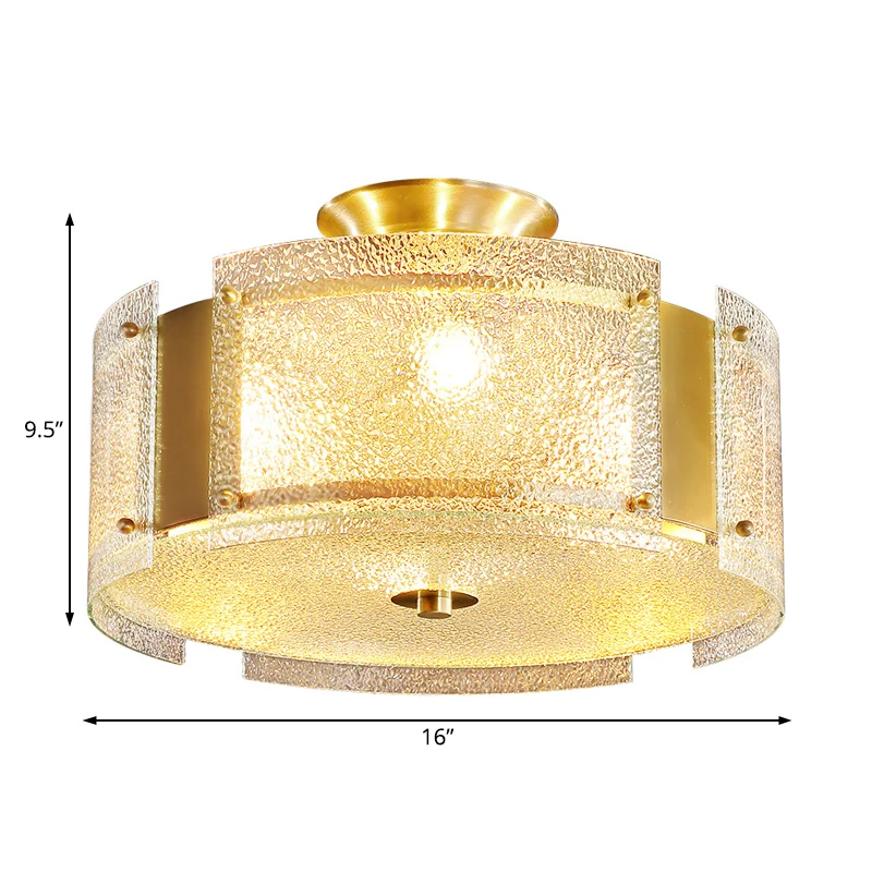 Messing Drum Semi Inbouwlamp Traditioneel Getextureerd Glas 4 Hoofden Plafondgemonteerd Licht voor Woonkamer Clearhalo