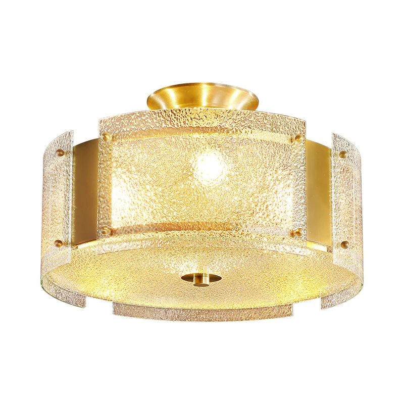 Messing Drum Semi Inbouwlamp Traditioneel Getextureerd Glas 4 Hoofden Plafondgemonteerd Licht voor Woonkamer Clearhalo