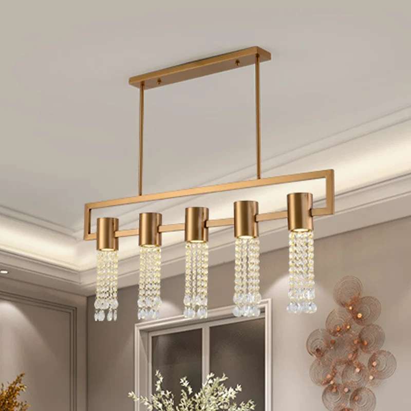 Messing eilandhanger met 15 lampen, postmoderne kristallen draperende lineaire hangende verlichtingsarmatuur Clearhalo