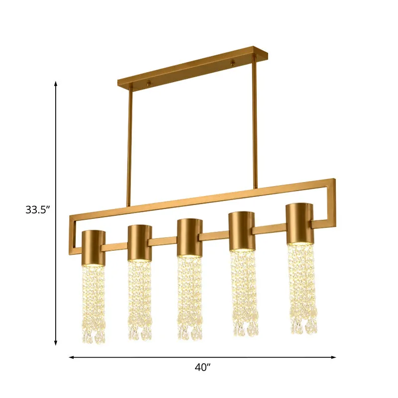 Messing eilandhanger met 15 lampen, postmoderne kristallen draperende lineaire hangende verlichtingsarmatuur Clearhalo