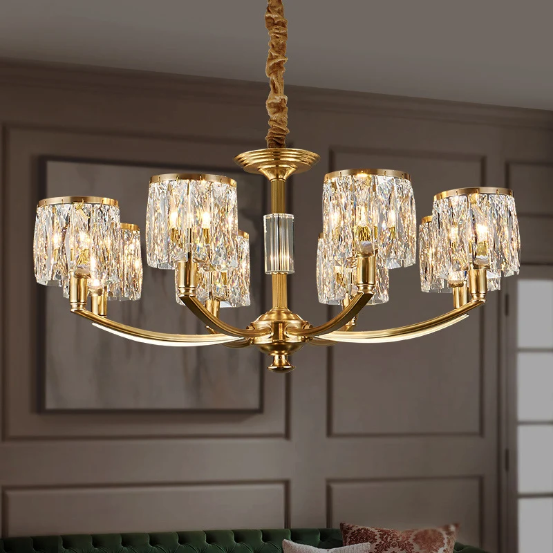 Messing gebogen arm hanglamp moderne metalen kroonluchter met prismatische kristallen kap Clearhalo