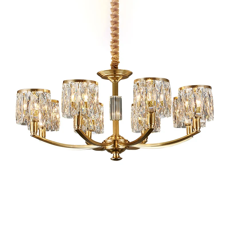 Messing gebogen arm hanglamp moderne metalen kroonluchter met prismatische kristallen kap Clearhalo
