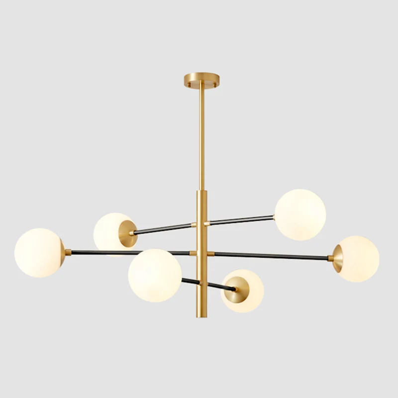 Messing gelaagde hangende hanglamp, postmoderne metalen kroonluchter met melkachtige glazen bol Clearhalo