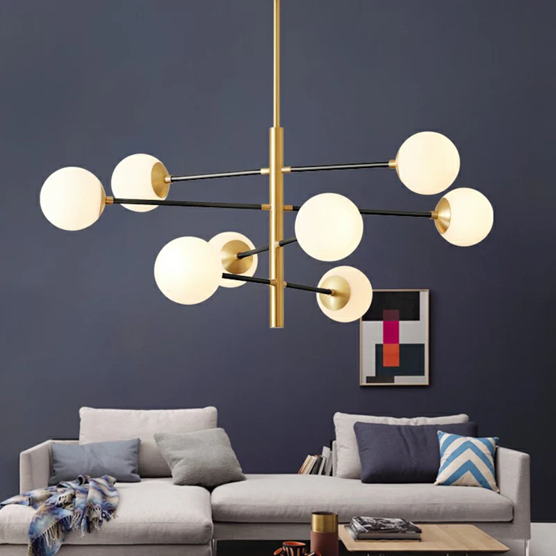Messing gelaagde hangende hanglamp, postmoderne metalen kroonluchter met melkachtige glazen bol Clearhalo