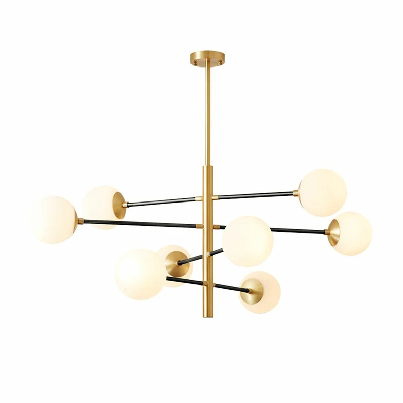 Messing gelaagde hangende hanglamp, postmoderne metalen kroonluchter met melkachtige glazen bol Clearhalo