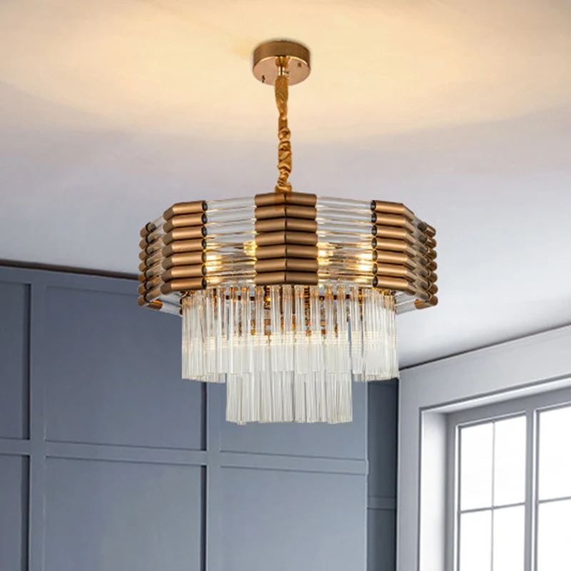 Messing gelaagde hangende kroonluchter minimalisme K9 kristal 9-lichts slaapkamer ophanghanger Clearhalo