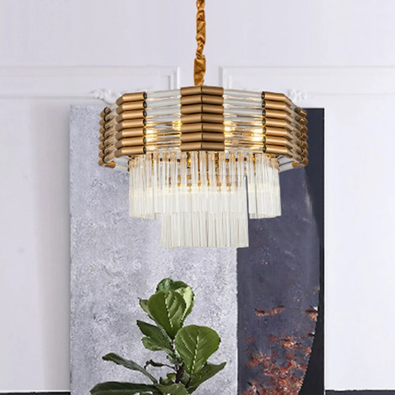 Messing gelaagde hangende kroonluchter minimalisme K9 kristal 9-lichts slaapkamer ophanghanger Clearhalo