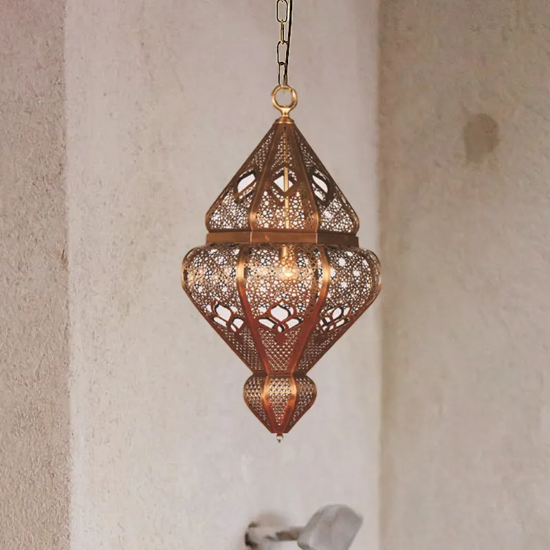 Messing hangende hanglamp met 1 lamp en antieke metalen urnkap Clearhalo