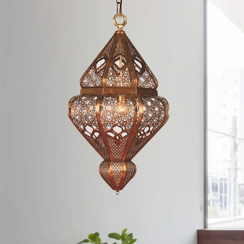 Messing hangende hanglamp met 1 lamp en antieke metalen urnkap Clearhalo