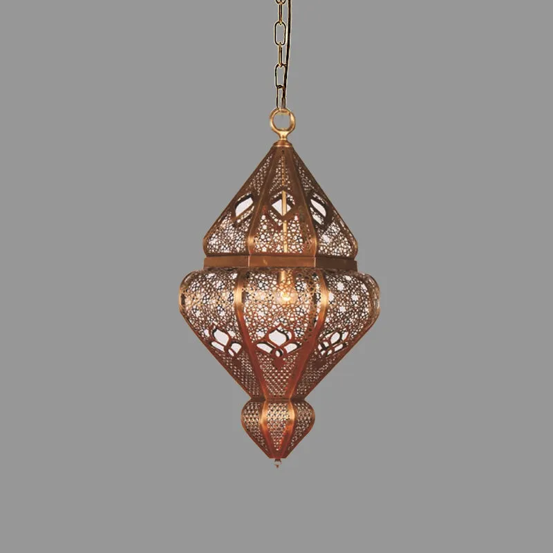 Messing hangende hanglamp met 1 lamp en antieke metalen urnkap Clearhalo