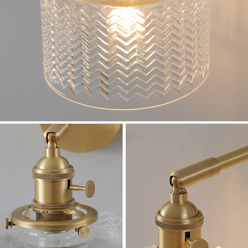 Messing industriële wandlamp, verstelbaar schanslicht voor slaapkamerhotel glazen kap Clearhalo