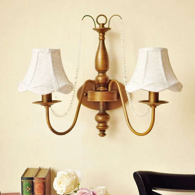 Messing kaars wandkandelaar licht vintage metaal 2 lampen slaapkamer wandmontage licht met schaduw/schaduwloos Clearhalo
