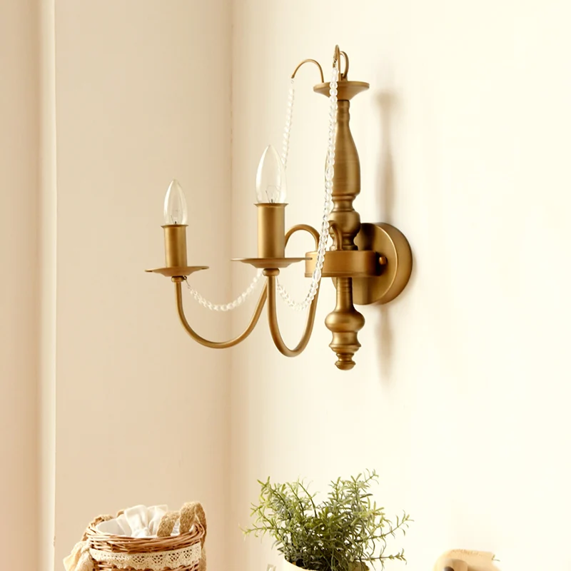 Messing kaars wandkandelaar licht vintage metaal 2 lampen slaapkamer wandmontage licht met schaduw/schaduwloos Clearhalo