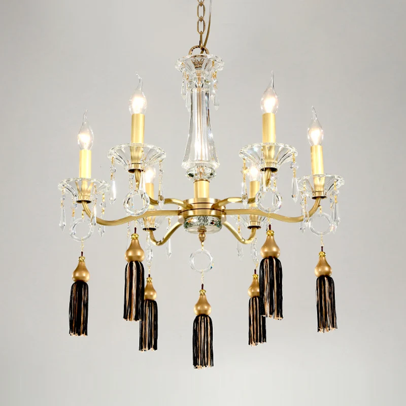 Messing kandelaar kroonluchterlamp Traditionele kristallen 6-lichts eettafel hanglamp met kwastje Clearhalo