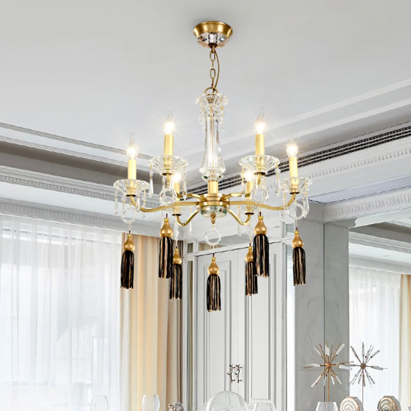 Messing kandelaar kroonluchterlamp Traditionele kristallen 6-lichts eettafel hanglamp met kwastje Clearhalo
