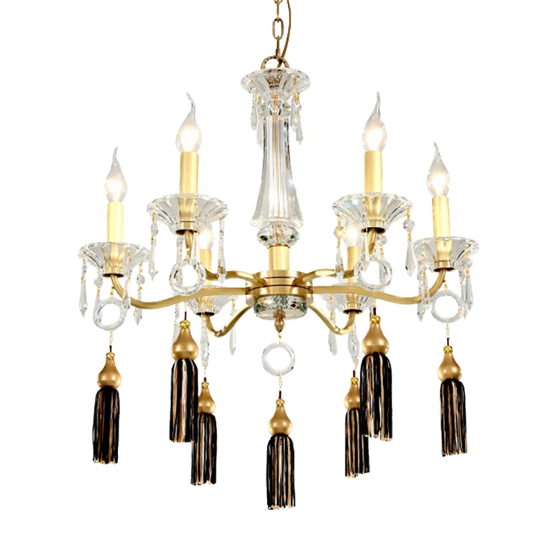 Messing kandelaar kroonluchterlamp Traditionele kristallen 6-lichts eettafel hanglamp met kwastje Clearhalo