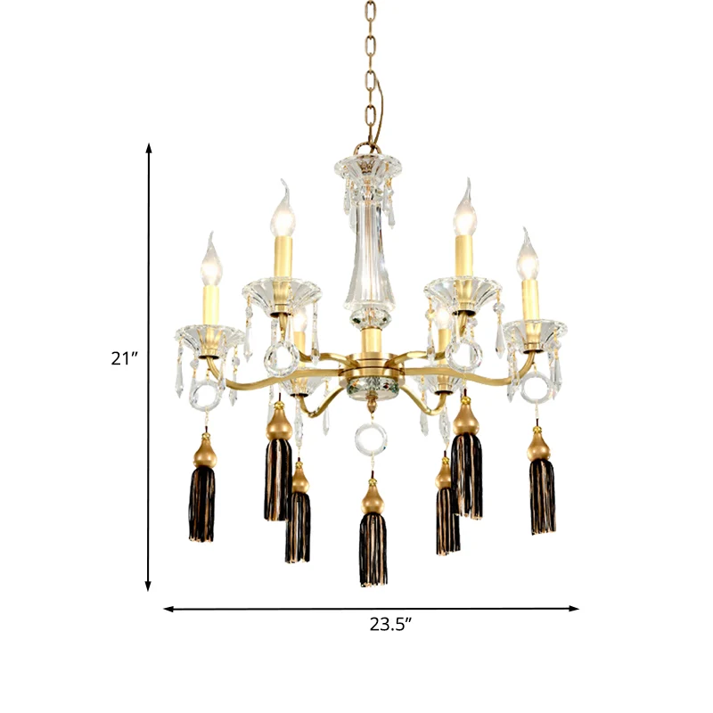 Messing kandelaar kroonluchterlamp Traditionele kristallen 6-lichts eettafel hanglamp met kwastje Clearhalo