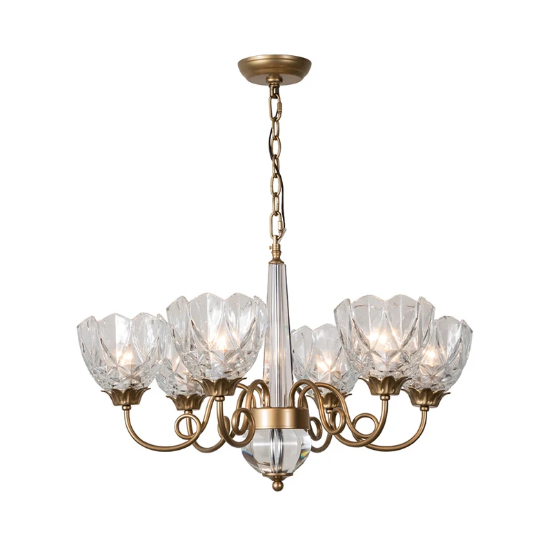 Messing kom hangende kroonluchter eigentijds 6 koppen helder glazen plafond hanglamp met gebogen metalen arm Clearhalo