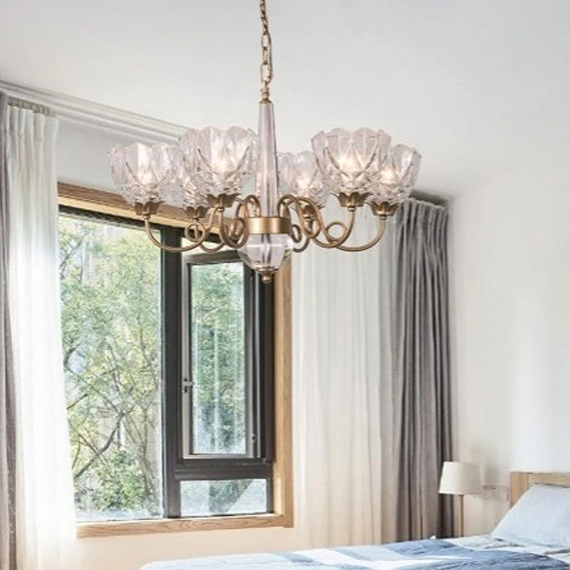 Messing kom hangende kroonluchter eigentijds 6 koppen helder glazen plafond hanglamp met gebogen metalen arm Clearhalo
