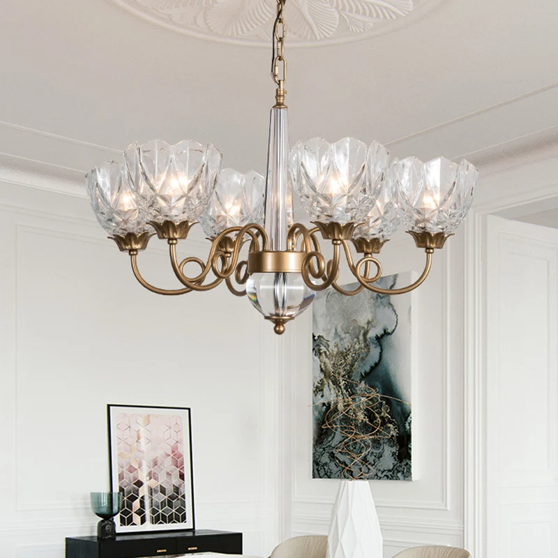 Messing kom hangende kroonluchter eigentijds 6 koppen helder glazen plafond hanglamp met gebogen metalen arm Clearhalo