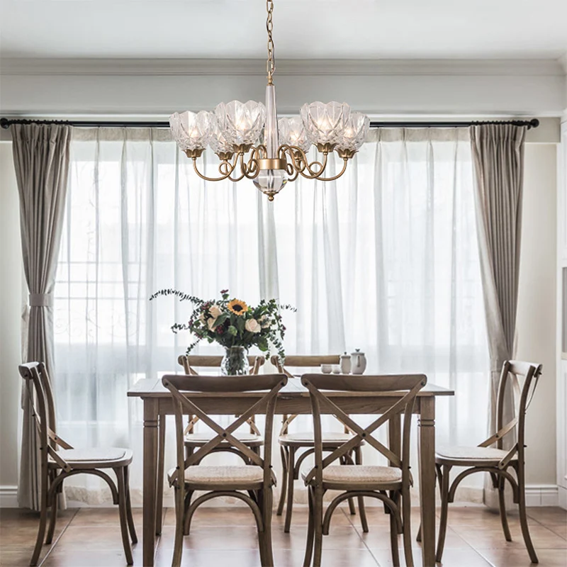 Messing kom hangende kroonluchter eigentijds 6 koppen helder glazen plafond hanglamp met gebogen metalen arm Clearhalo