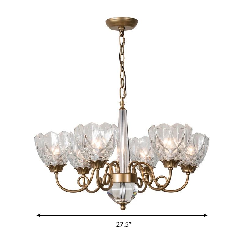 Messing kom hangende kroonluchter eigentijds 6 koppen helder glazen plafond hanglamp met gebogen metalen arm Clearhalo