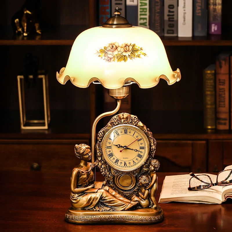 Messing 1 kop geschulpte tafellamp Vintage opaline glazen kom leesboeklamp met klok en vrouw-deco Clearhalo