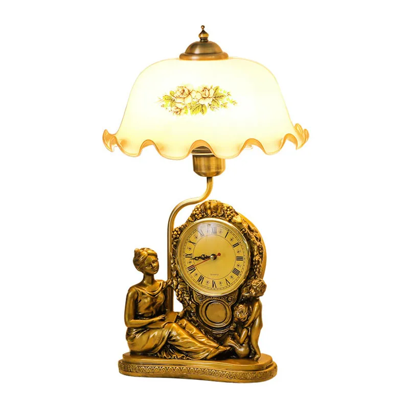 Messing 1 kop geschulpte tafellamp Vintage opaline glazen kom leesboeklamp met klok en vrouw-deco Clearhalo
