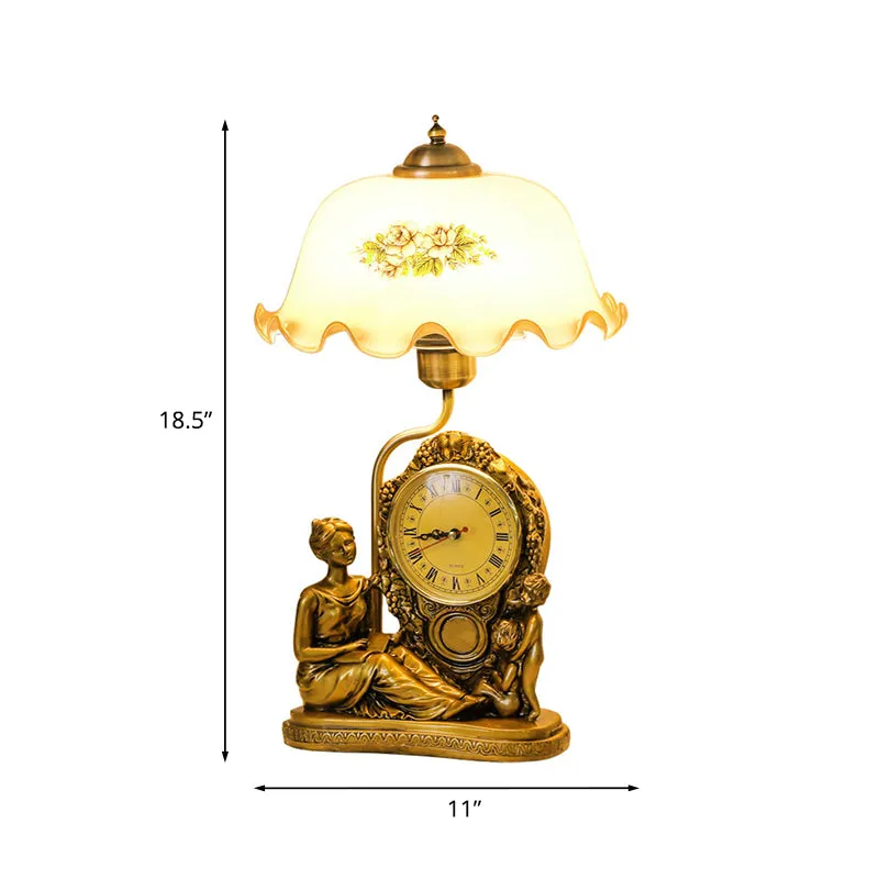 Messing 1 kop geschulpte tafellamp Vintage opaline glazen kom leesboeklamp met klok en vrouw-deco Clearhalo