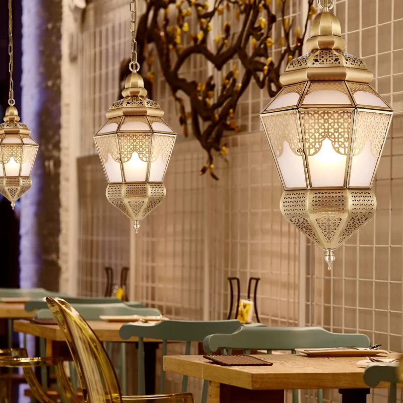 Messing 2 lampen hangend plafondlamp Arabische stijl metalen lantaarn kroonluchter verlichting voor koffieshop Clearhalo