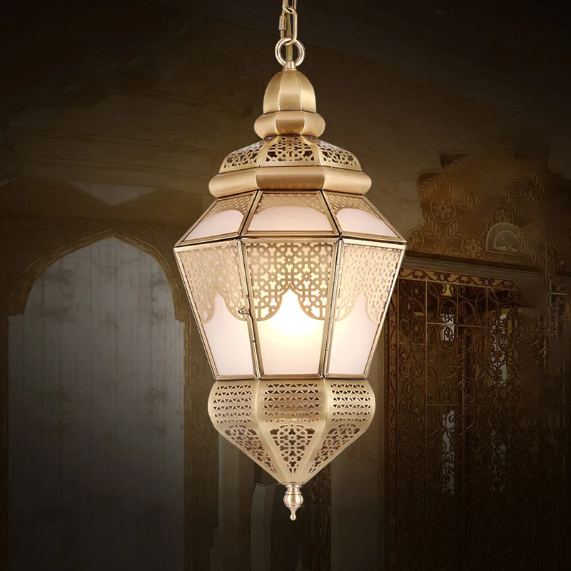 Messing 2 lampen hangend plafondlamp Arabische stijl metalen lantaarn kroonluchter verlichting voor koffieshop Clearhalo