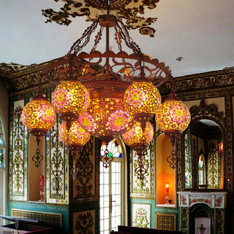 Messing Lantaarn Kroonluchter Lamp Traditioneel Gebrandschilderd Glas 9 Hoofden Restaurant Ophanging Hanglamp Clearhalo