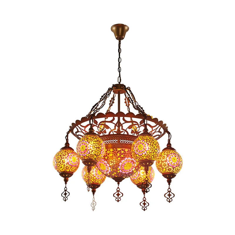 Messing Lantaarn Kroonluchter Lamp Traditioneel Gebrandschilderd Glas 9 Hoofden Restaurant Ophanging Hanglamp Clearhalo