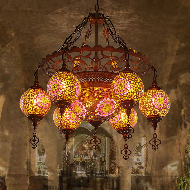 Messing Lantaarn Kroonluchter Lamp Traditioneel Gebrandschilderd Glas 9 Hoofden Restaurant Ophanging Hanglamp Clearhalo