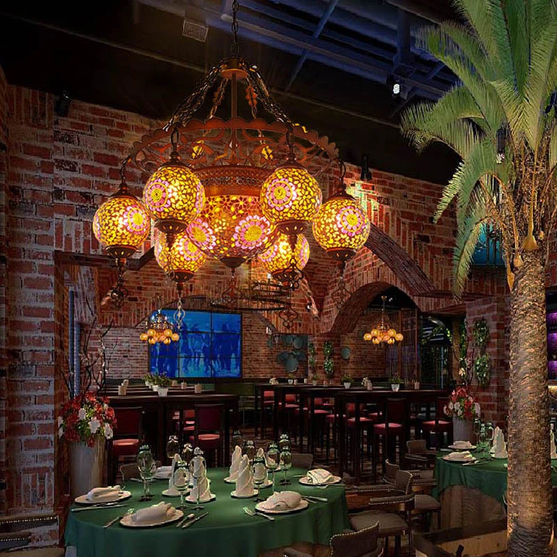 Messing Lantaarn Kroonluchter Lamp Traditioneel Gebrandschilderd Glas 9 Hoofden Restaurant Ophanging Hanglamp Clearhalo