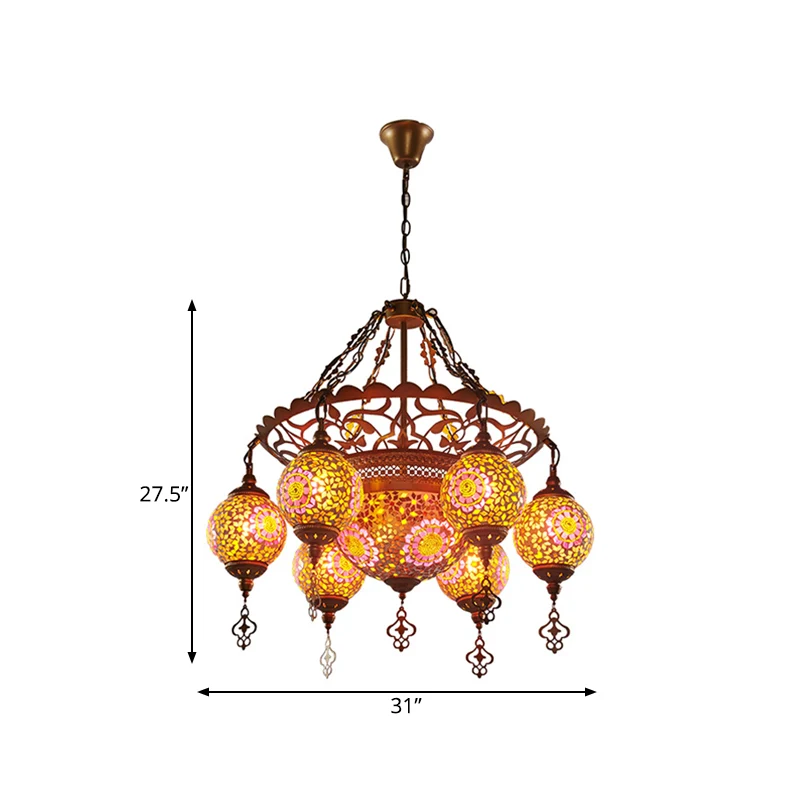 Messing Lantaarn Kroonluchter Lamp Traditioneel Gebrandschilderd Glas 9 Hoofden Restaurant Ophanging Hanglamp Clearhalo